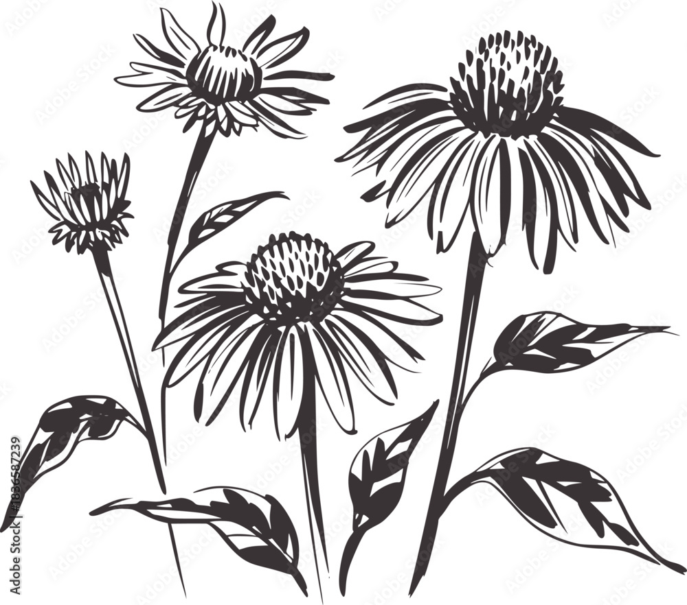 custom made wallpaper toronto digitalEchinacea flowers sketch drawing dark grey floral