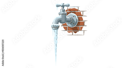 Frozen outdoor water spigot attached to a brick wall with a long icicle forming below