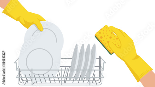 Hands wearing bright yellow gloves efficiently loading clean plates into a dishwasher rack next to a sponge