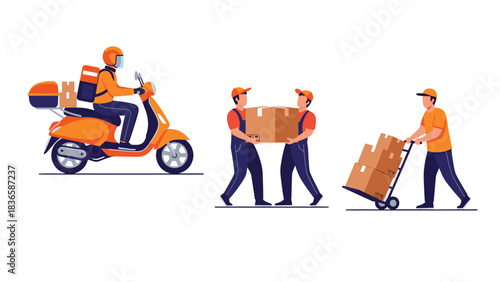 Dynamic delivery workers swiftly transporting packages using scooter, handcarry, and handtruck for fast logistics solutions