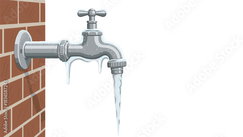 Outdoor water faucet completely frozen with large icicles forming during severe winter cold snap warning