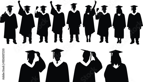 Graduation Students Silhouette Set Successful Graduates Celebrating Achievement Black Vector Illustration University College Education Academic Success Ceremony.