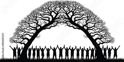 Silhouettes of people standing united beneath two large arching trees, symbolizing community support, environmental harmony, teamwork, nature protection, and collective strength together