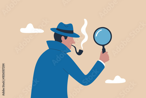 Detective in blue coat smoking pipe holding magnifying glass searching
