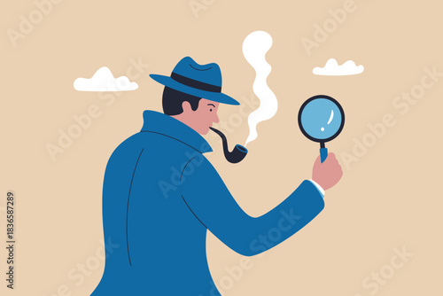 Detective smoking pipe and holding magnifying glass illustration