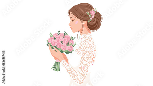 Elegant bride with delicate pink rose bouquet awaits her wedding moment in beautiful lace gown