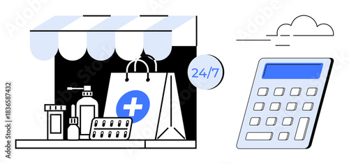 Healthcare, online shopping, telehealth, e-commerce, medication delivery, medical services. Pharmacy bag with medical cross, medicines calculator 247 sign. Online shopping and healthcare concept