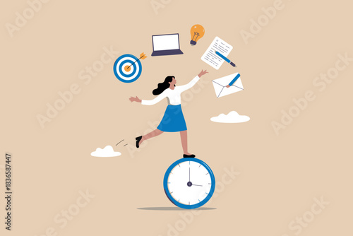 Woman balancing on clock juggling business and work symbols