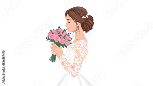 Stunning bride smelling beautiful pink rose bouquet in elegant lace wedding dress
