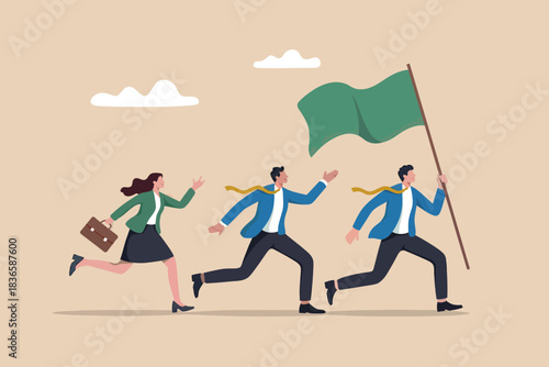 Team running together towards success carrying a green flag with determination