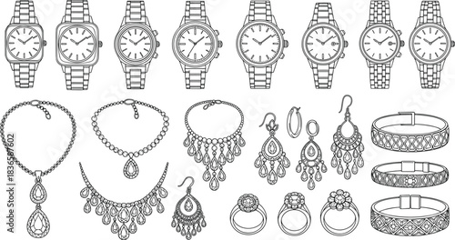 Luxury Jewelry and Watch Set Outline Vector Illustration Diamond Necklace Earrings Rings Bracelet Elegant Accessories Fashion Collection Design.