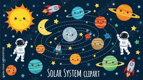 A colorful and whimsical cartoon illustration of the solar system, featuring smiling planets, the sun, a crescent moon, astronauts, and rockets against a dark blue, star-filled background.