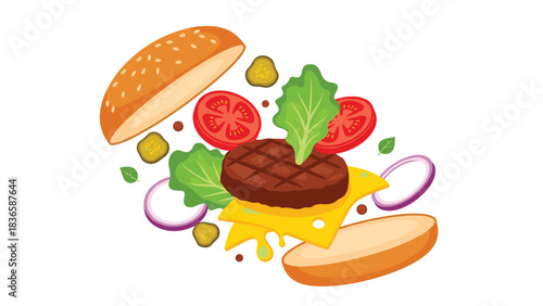 Exploding gourmet cheeseburger ingredients levitate dynamically perfect for fast food menus and advertising campaigns