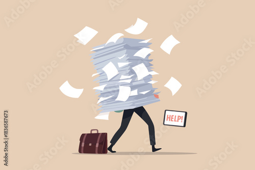 Man carrying a huge stack of papers asks for help illustration