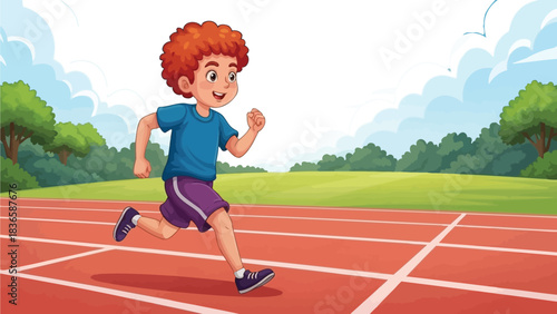 A young boy with curly red hair runs on a track during a sporting event, with trees and a cloudy sky in the background.