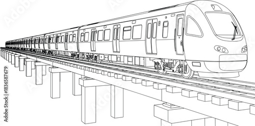 Modern Metro Train Elevated Railway Line Black and White Outline Sketch Drawing Infrastructure Public Transportation Commuter Rapid Transit System.