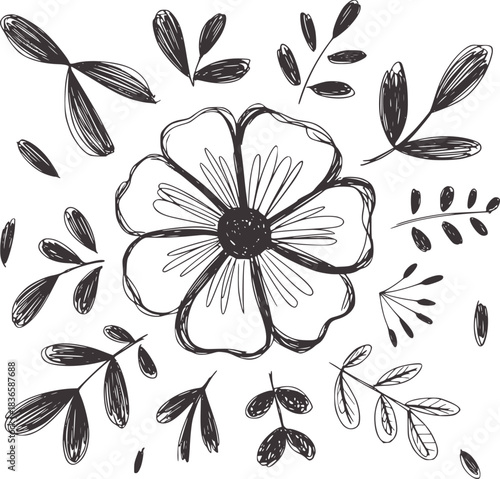 Hand drawn sketchy flower and leaves pattern floral