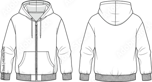Cad drawing flat vector illustration of classic zip-up hoodie showing detailed front and back technical fashion sketch with pockets, ribbed cuffs, and hood design