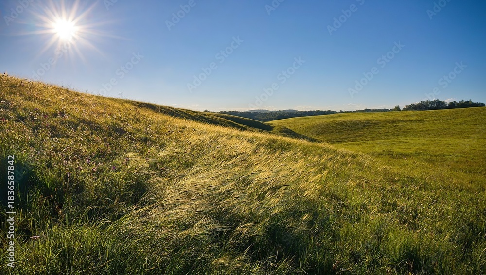 Fototapeta premium Sunny rolling hills with green grass fields under blue sky, bright sunburst in corner, peaceful rural countryside landscape