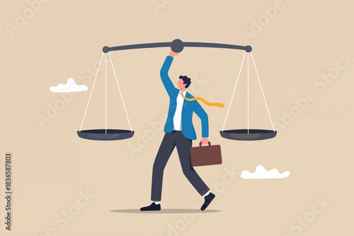 Man balancing justice scales while walking with briefcase, decision making