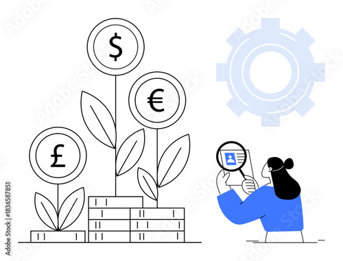 Financial growth concept. investment growth with dollar, euro, pound symbols on plants and a businesswoman analyzing data. Suited for finance, investments, economy, business planning, fintech