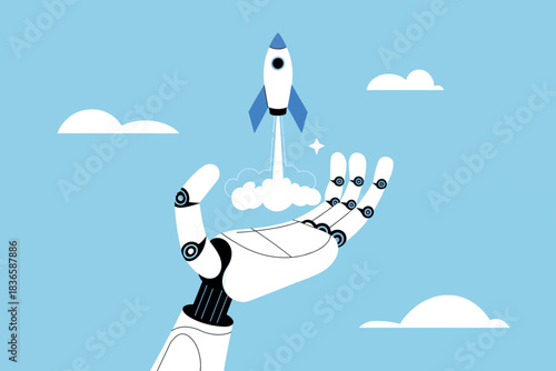 Robotic hand launching a rocket into the sky with clouds