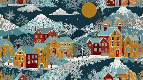 Colorful winter village landscape illustration with houses and snowy mountains in a whimsical style