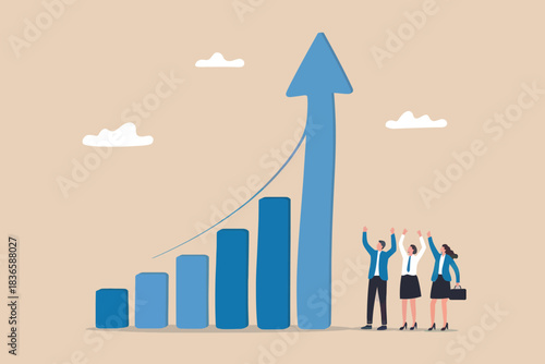 Business growth success with upward trend arrow and happy team celebrating