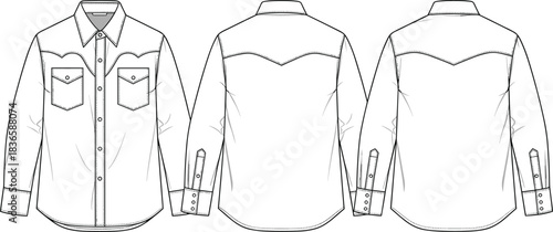 Western long sleeve shirt technical flat sketch with detailed yoke design, pockets, seams, buttons and stitching lines, vector apparel drawing illustration