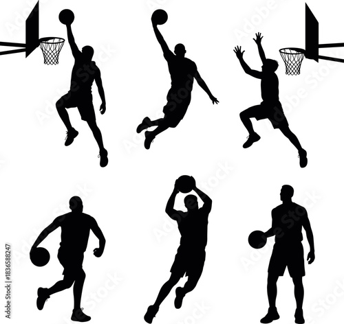 Six black silhouette basketball players in action white background