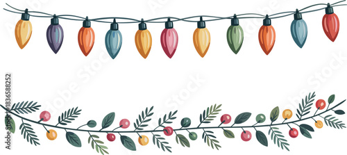 String of colorful Christmas lights and berry garland