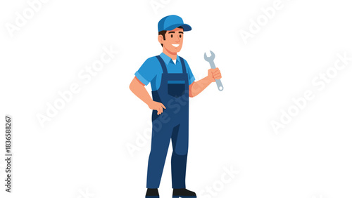 Confident smiling mechanic in blue overalls holds a wrench ready for professional repair service tasks