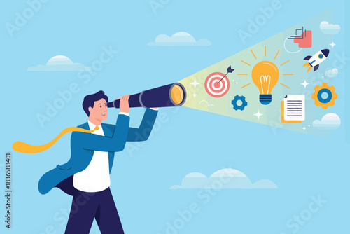 Man with telescope looking for new idea, business growth and success