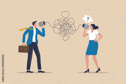 Business communication problem, tin can phone tangled conversation concept