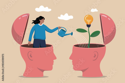 Nurturing new ideas: woman waters plant growing light bulb from head