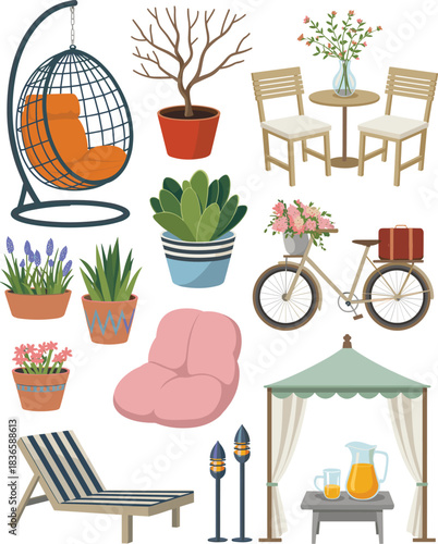 Garden patio decoration vector set with furniture, plants, flowers, lounge items, gazebo, bicycle and cozy outdoor elements