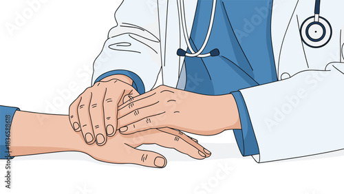 Caring doctor gently holding patient's hand offering comfort and professional reassurance during difficult consultation