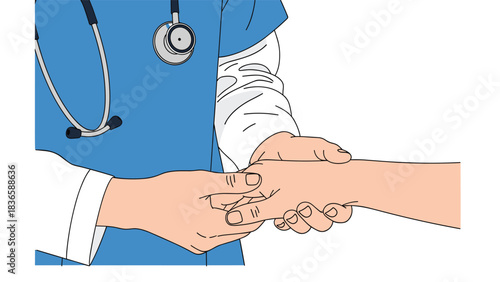 Caring doctor reassures patient with gentle hand hold offering comfort and professional medical support