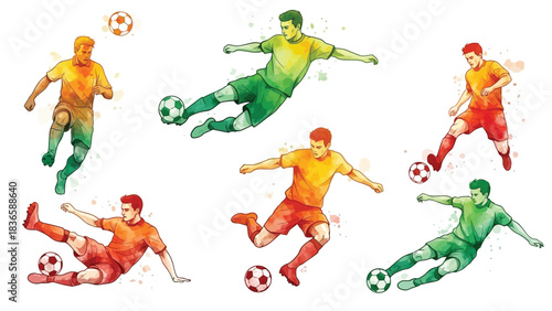 Multiple male soccer players in various dynamic poses, kicking and controlling a soccer ball, depicted in a watercolor illustration style with vibrant colors and energetic motion.