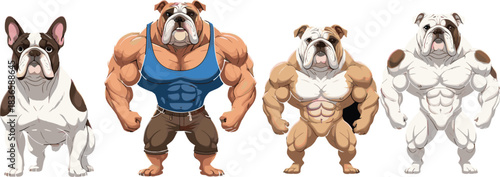 Muscular bulldog cartoon character vector set featuring strong canine mascots, powerful poses, fitness-themed dog designs, and bold illustrations