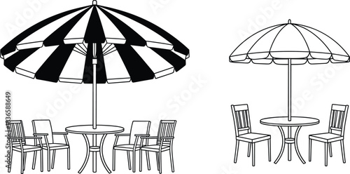 Outdoor patio furniture vector set featuring table, chairs, large umbrella, garden seating arrangement, black-and-white line art designs
