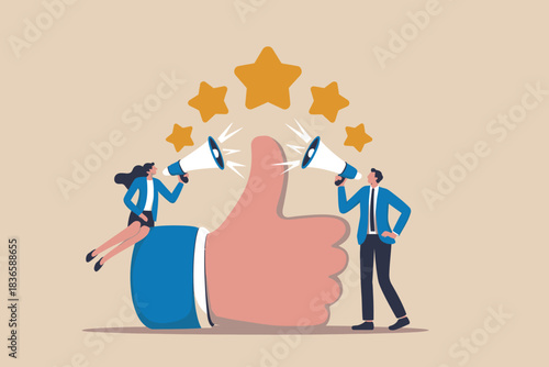People use megaphones around a large thumbs-up with stars rating