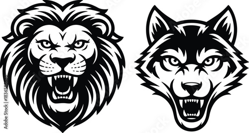 Roaring lion and fierce wolf head vector illustrations in bold black-and-white style for mascots, logos, tattoos, and graphic designs