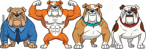 Strong bulldog cartoon character vector set featuring muscular dogs, tough mascots, expressive poses, and powerful illustrated canine designs