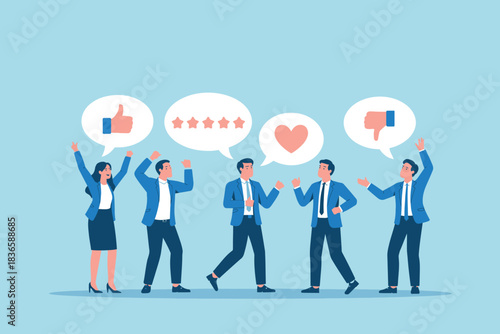 Businesspeople express positive feedback and ratings with speech bubbles