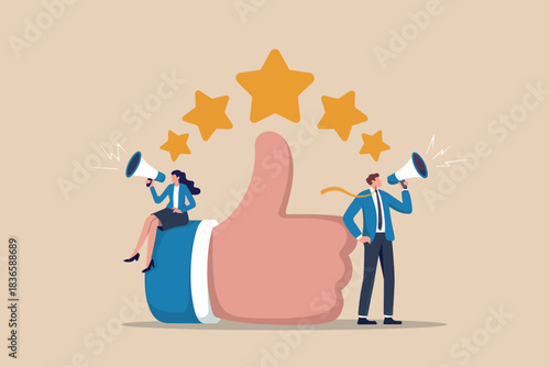 Customer feedback promotion with megaphone and five star rating