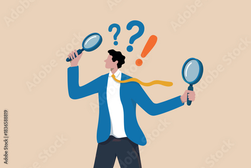 Man with magnifying glass searching for answers with question marks