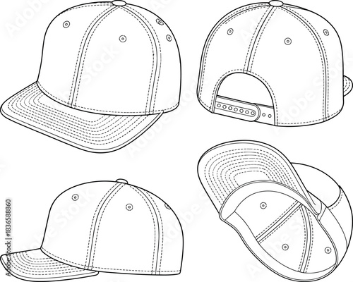 Cap, baseball, vector, illustration, sketch, outline, fashion, gear, durable, ergonomic, structured, silhouette, layout, design, protection, accessory, stitching, brim, adjustable, snapback