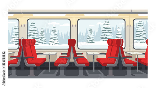 Cozy red train seats offer stunning views of a serene snow covered winter forest landscape outside