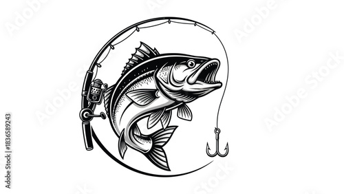 A stylized illustration of a large fish leaping out of the water with an open mouth, hooked by a fishing line and reel, representing the sport of fishing.